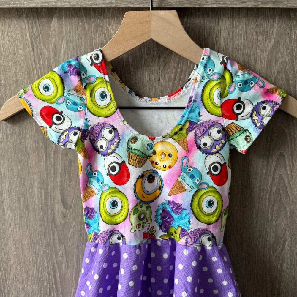 Handmade Custom Disney Monster Print Dress Girl 4/5 Purple Polka Dot Disneybound